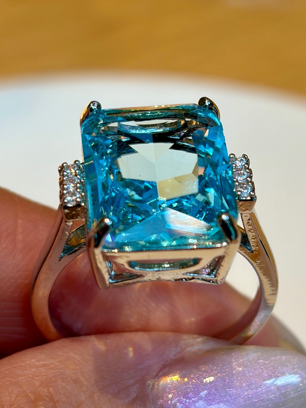 NWOT Aquamarine Emerald Cut with CZ accents cocktail ring in 7